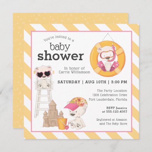 Three Bears at the Beach Baby Shower for Girl Invitation