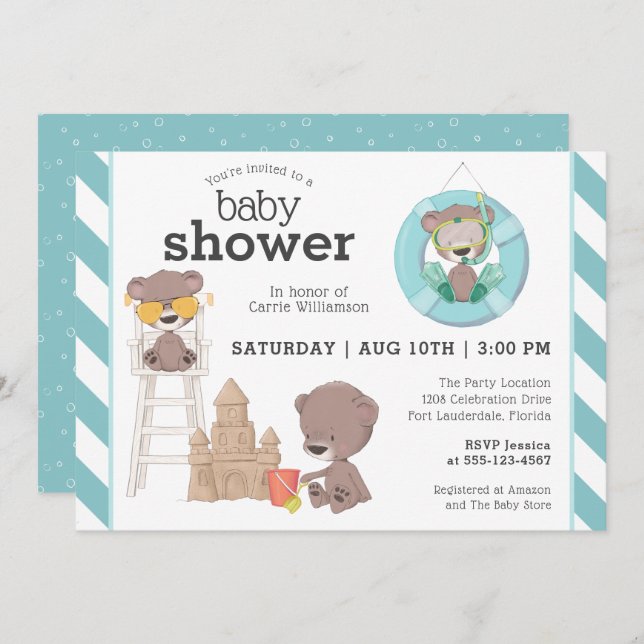 Three Bears on the Beach Boy Baby Shower Invitation (Front/Back)