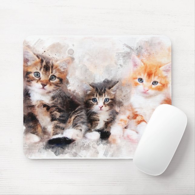 Three beautiful and cute kittens watercolor mouse pad (With Mouse)