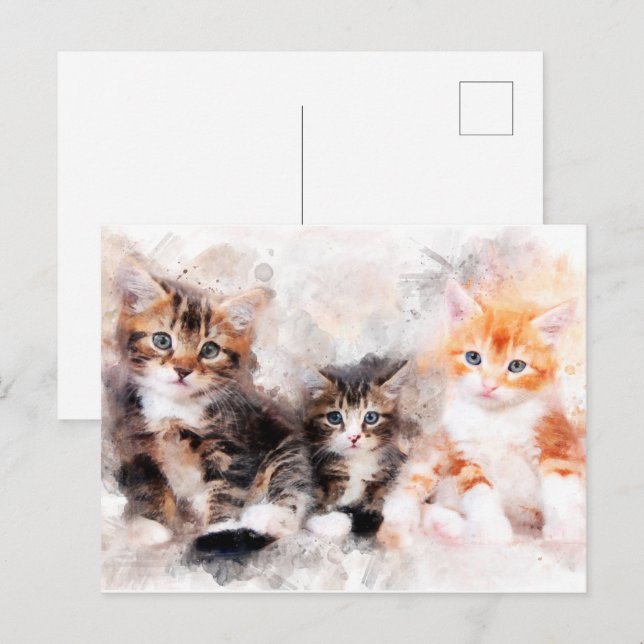 Three beautiful and cute kittens watercolor postcard (Front/Back)