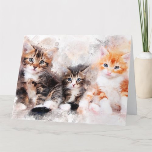 Three beautiful and cute kittens watercolor thank you card