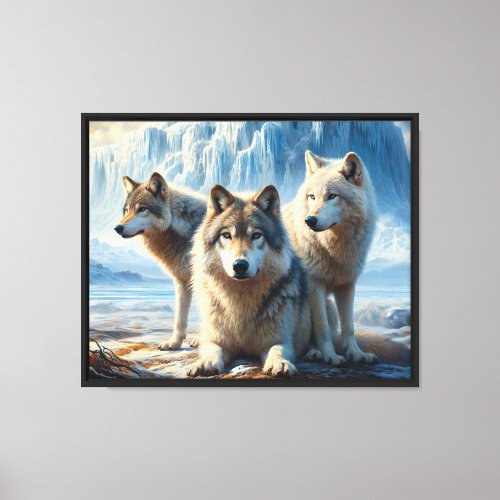 Three beautiful Arctic wolves in Glacier Tundra  Canvas Print