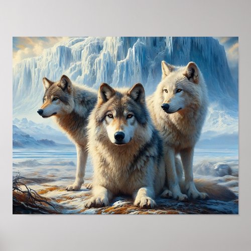 Three beautiful Arctic wolves in Glacier Tundra Poster