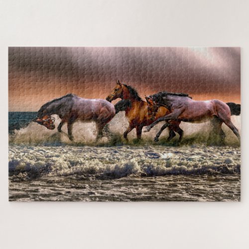 Three Beautiful Brown Horses in Ocean Painting Jigsaw Puzzle