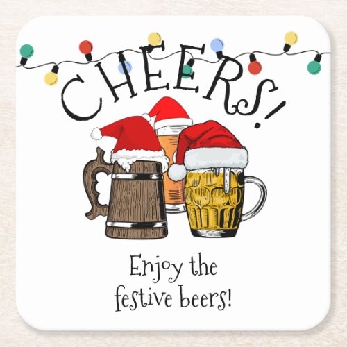 THREE BEERS CHEERS Christmas Square Paper Coaster