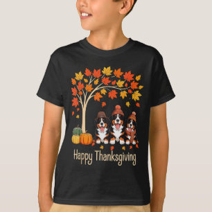 Three Bernese Mountain Dogs Fall Tree Happy Thanks T-Shirt