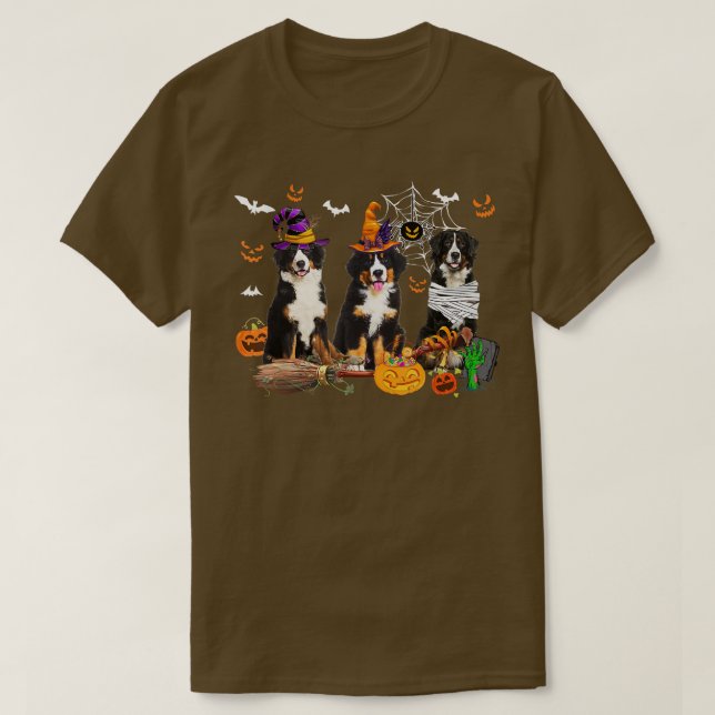 Three Bernese Mountain Dogs Mummy Witch Scary Pump T-Shirt (Design Front)