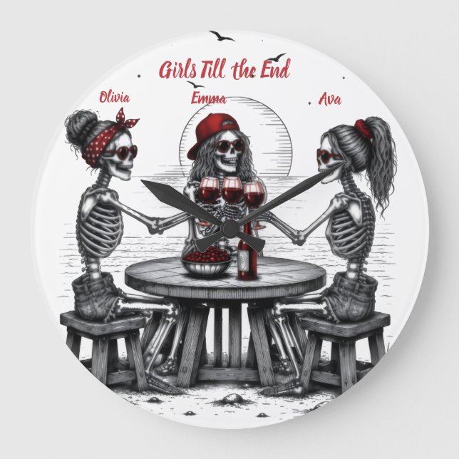Three Best Friends Skeletons Large Clock (Front)