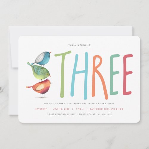 Three Birdie Third Birthday Party Invitation