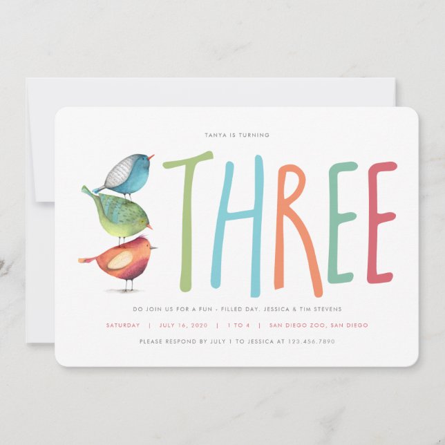 Three Birdie Third Birthday Party Invitation (Front)