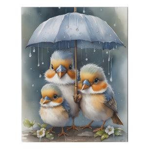 Three Birds Under Umbrella in the Rain Faux Canvas Print