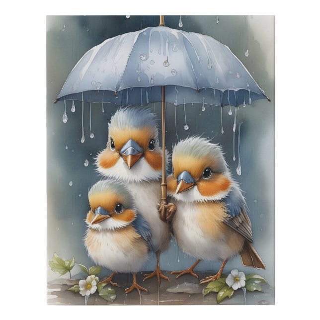 Three Birds Under Umbrella in the Rain Faux Canvas Print (Front)