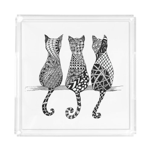 Three Black and White Cats on a Branch Acrylic Tray