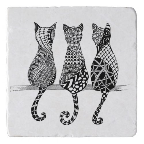 Three Black and White Cats on a Branch Trivet