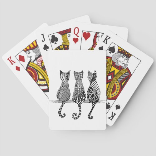 Three Black and White Cats on Playing Cards