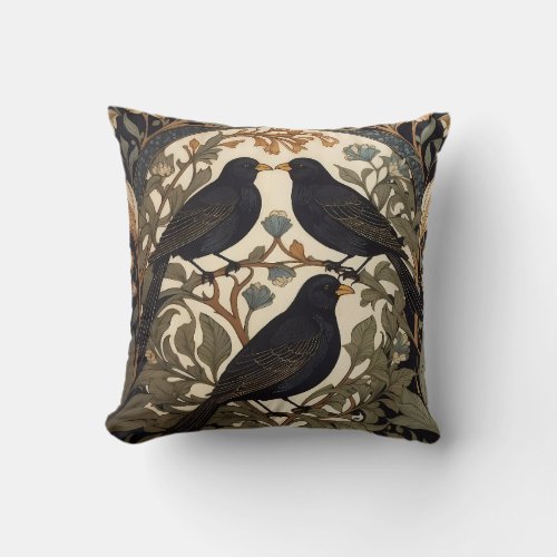 Three Black Birds William Morris Inspired  Throw Pillow
