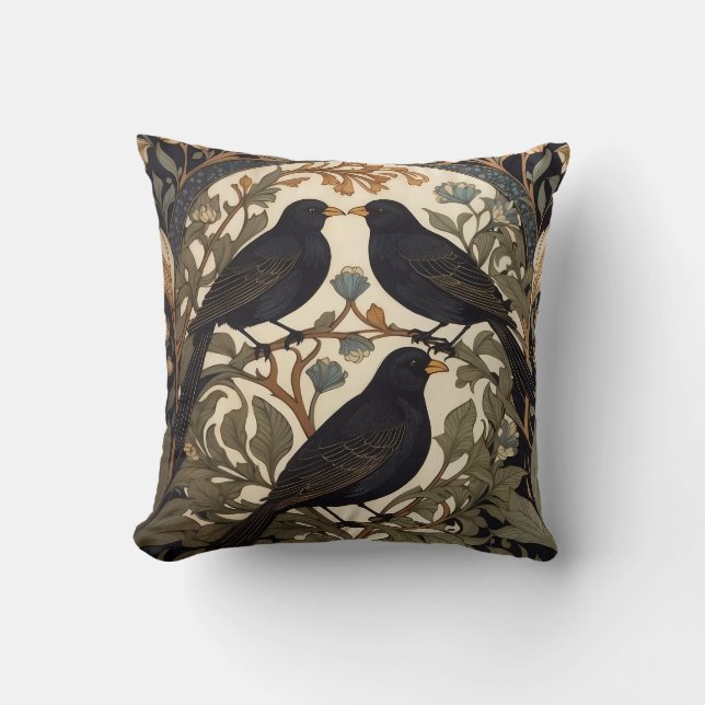 Three Black Birds William Morris Inspired  Throw Pillow (Front)