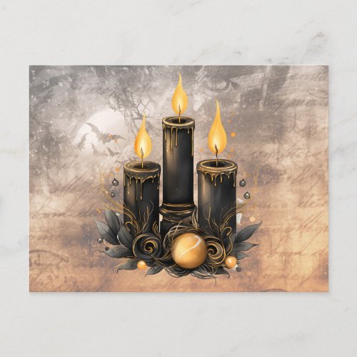 Three Black Candle Gold Ornaments Bats Halloween Holiday Postcard