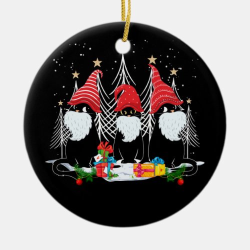 Three Black Cat Gnomes Christmas Kitten Santa Ceramic Ornament