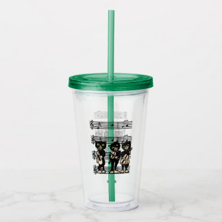 Three Black Cat Musicians Green Eyes Music Notes Acrylic Tumbler