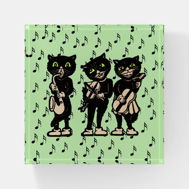Three Black Cat Musicians Green Eyes Music Notes Paperweight (Front)