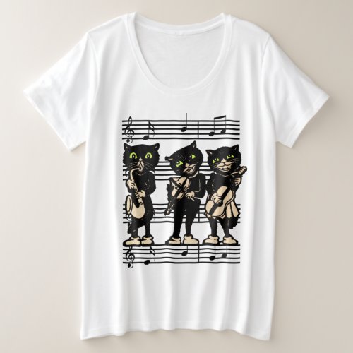 Three Black Cat Musicians Green eyes Music Notes Plus Size T_Shirt