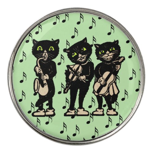 Three Black Cat Musicians in White Shoes on Green Golf Ball Marker