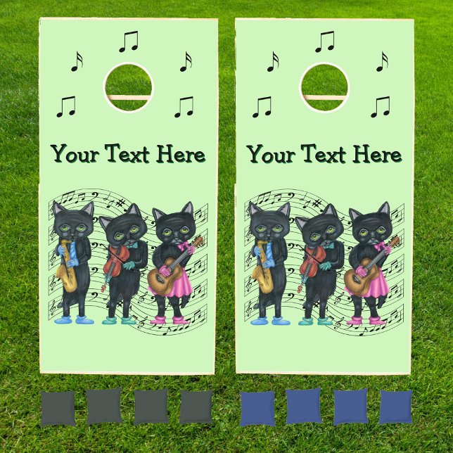 Three Black Cat Musicians Instruments Sheet Music Cornhole Set (Three black cat musicians instruments sheet music black music notes on green cornhole game.)