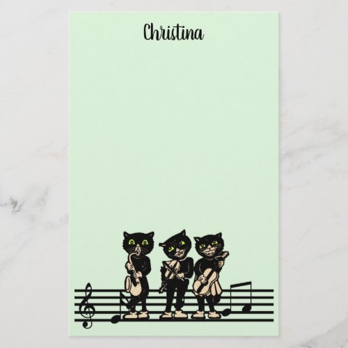 Three Black Cat Musicians Music Instruments Green Stationery