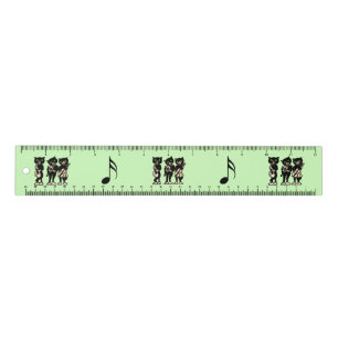 Three Black Cat Musicians Music Notes Green Ruler