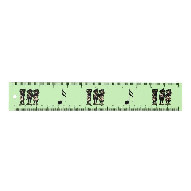 Three Black Cat Musicians Music Notes Green Ruler (Front)