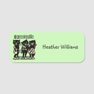 Three Black Cat Musicians Music Notes Light Green Name Tag
