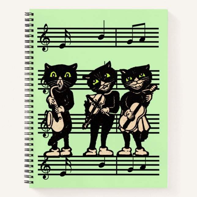 Three Black Cat Musicians on Sheet Music Green Notebook (Front)