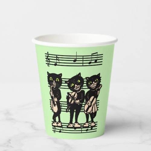 Three Black Cat Musicians on Sheet Music Green Paper Cups