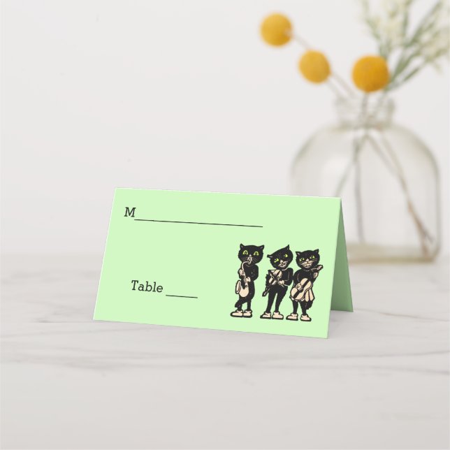 Three Black Cat Musicians Playing Music Green Place Card (Front)