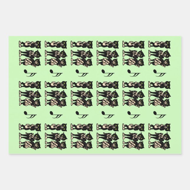 Three Black Cat Musicians Playing Music Green Wrapping Paper Sheets (Front)