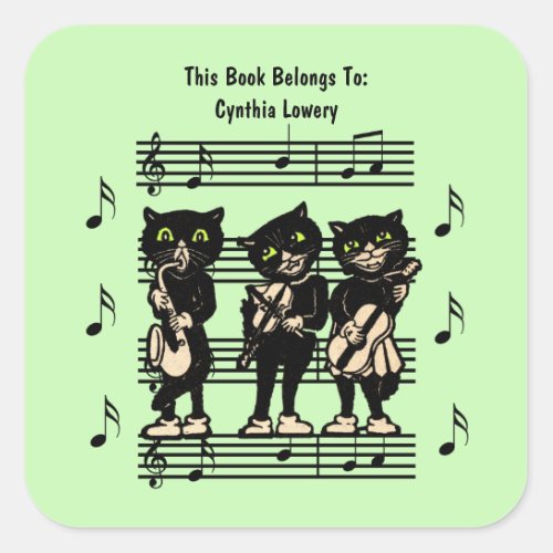 Three Black Cat Musicians Sheet Music Green Square Sticker
