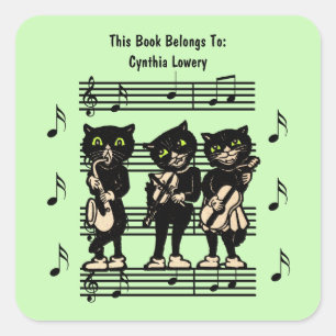 Three Black Cat Musicians Sheet Music Green Square Sticker