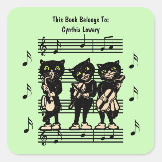 Three Black Cat Musicians Sheet Music Green Square Sticker
