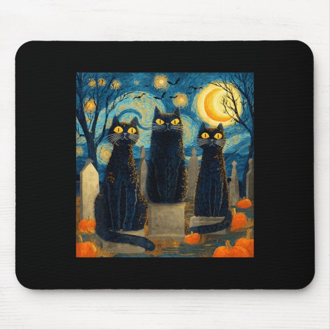 Three Black Cat Starry Night Van Gogh Pumpkins Mouse Pad (Front)