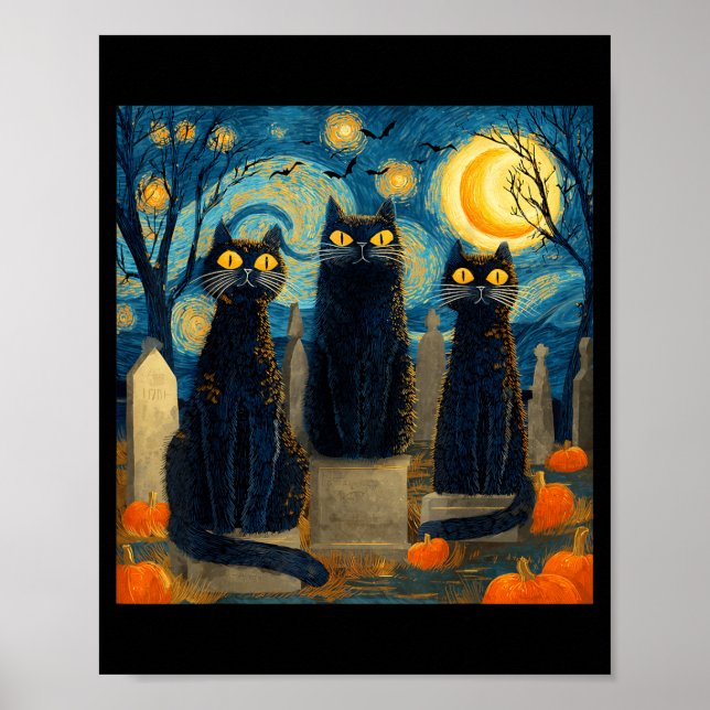 Three Black Cat Starry Night Van Gogh Pumpkins Poster (Front)