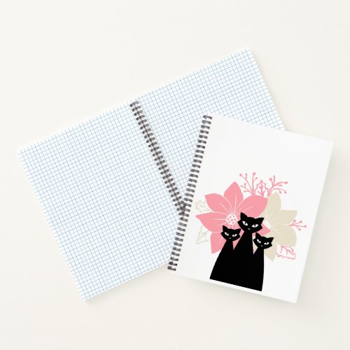 Three Black Cat With Pink and White Flower Notebook