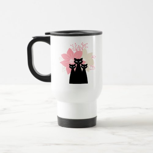 Three Black Cat With Pink and White Flower Travel Mug