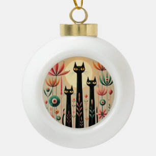 Three Black Cats Amid Vibrant Floral Design Ceramic Ball Christmas Ornament