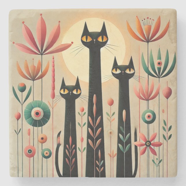 Three Black Cats Amid Vibrant Floral Design Stone Coaster (Front)