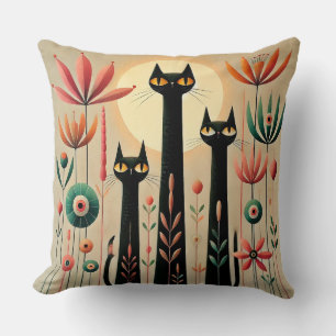 Three Black Cats Amid Vibrant Floral Design Throw Pillow