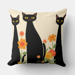 Three Black Cats Among Bright Flowers Throw Pillow