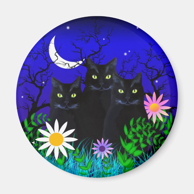 Three Black Cats at Night Magnet (Front)