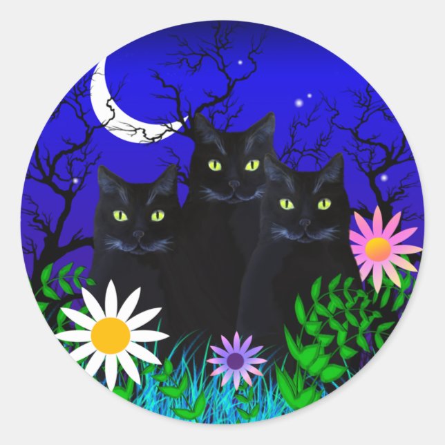 Three Black Cats at Night Stickers (Front)