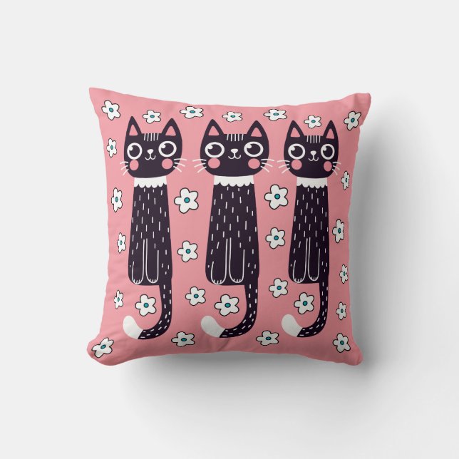 Three Black Cats, Daisy Flowers on Pink Throw Pillow (Front)